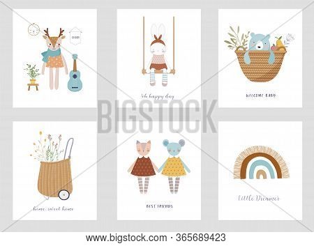 Trendy Baby And Children Illustrations, Baby Shower Cards, Invites. Vintage Style. Vector Illustrati