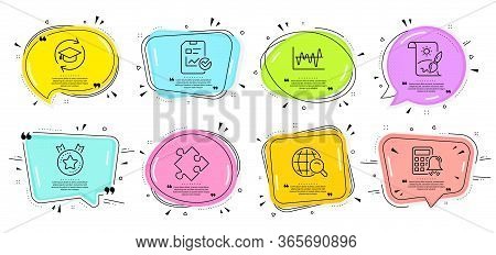 Calculator Alarm, Strategy And Continuing Education Signs. Speech Bubbles With Quotes. Stock Analysi