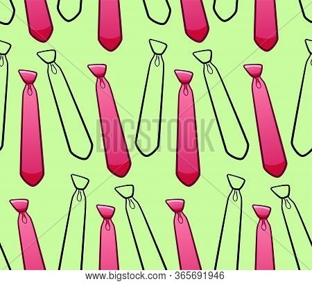 Pink And Black Outline Style Neckties Seamless Pattern On Green Background