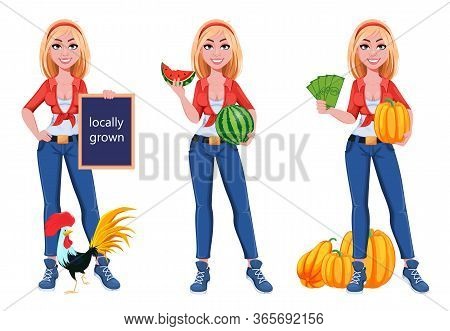 Happy Smiling Farm Girl, Set Of Three Poses. Beautiful Farmer Woman Cartoon Character Standing Near 