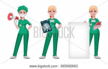 Beautiful Woman Doctor, Set Of Three Poses. Female Medical Doctor Or Nurse Cartoon Character. Vector