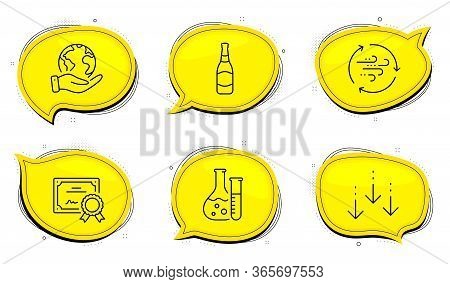 Scroll Down Sign. Diploma Certificate, Save Planet Chat Bubbles. Wind Energy, Beer Bottle And Chemis