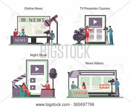 Tv Presenter Online Service Or Platform Set. Television Host In Studio.