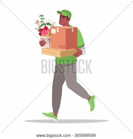 Home Special Delivery Semi Flat Rgb Color Vector Illustration. Deliveryman Carry Flower Bouquet And 