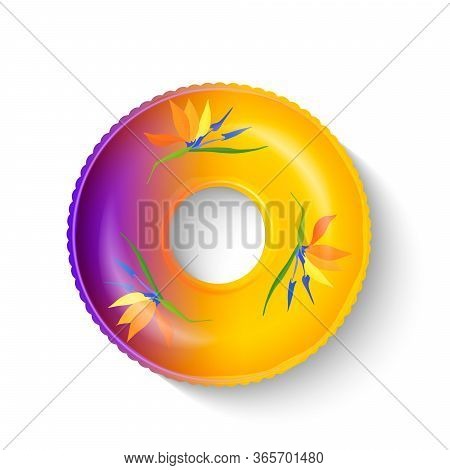 Realistic Swimming Inflatable Circle With A Pattern Of With Strelitzia Flowers. Pool Float. Inflatab