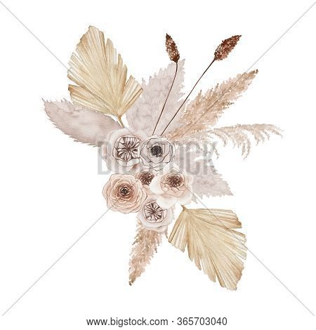 Watercolor Summer Floral Tropical Bouquet With Orchid Rose Flowers Dried Palm Leaves Isolated. Flora