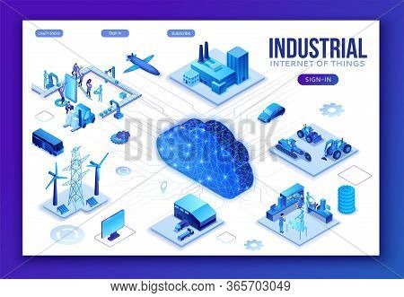 Industrial Internet Of Things Infographic Illustration, Blue Neon Concept With Factory, Electric Pow