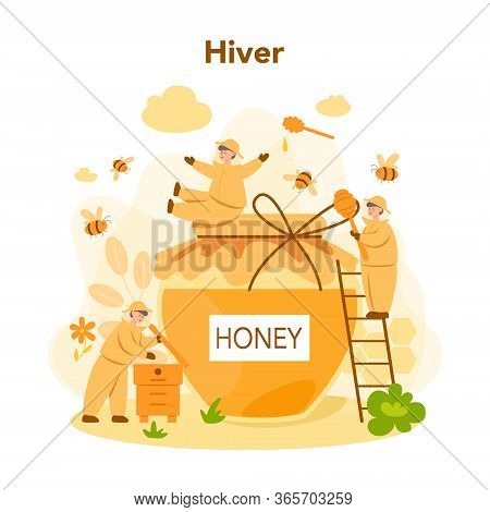 Hiver Or Beekeeper Concept. Professional Farmer With Hive