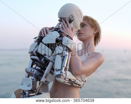 kiss of a robot and a girl by the sea, 3d illustration