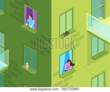 Couple Sending Message To Each Other From The Window Of Residential House, Man And Woman Communicati