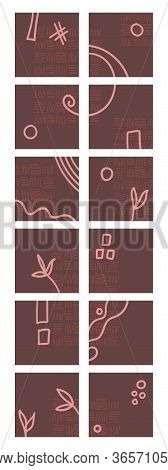 Set Of Twelve Abstract Isolated Backgrounds With Twigs, Circles, Curlicues And Lines. Hand Drawn Var