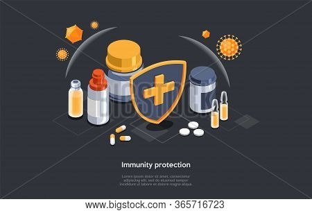 Isometric 3d Concept Of Immunity Protection And Weak Immune System Prevention. Diet Supplements, Vit