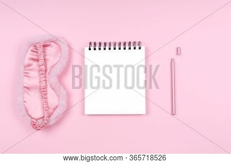 Note Pad With Cute Flaffy Sleeping Mask And Stylish Pen. Beauty Time, Selfcare And Sleep Log, Femini