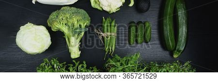 Green Vegetables And Microsprouts As A Healthy Eating Concept Of Fresh Garden, Produce Organically G