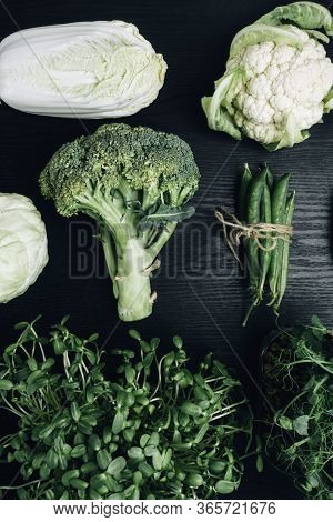 Green Vegetables And Microsprouts As A Healthy Eating Concept Of Fresh Garden, Produce Organically G