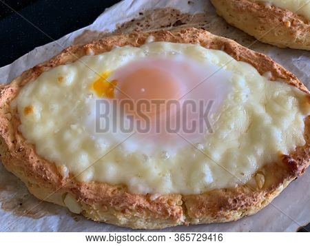 Home Made Diet Proper Nutrition Khachapuri - Traditional Georgian Pie With Cheese And Egg. Horizonta