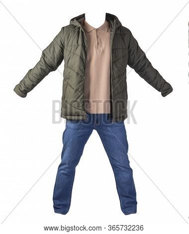 Hakki Jacket With Zipper, Beige Shirt And Blue Jeans Isolated On White Background. Casual Fashion Cl