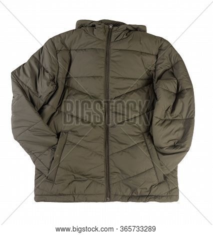 Mens Dark Green Jacket In A Hood Isolated On A White Background. Windbreaker Jacket Top View. Casual