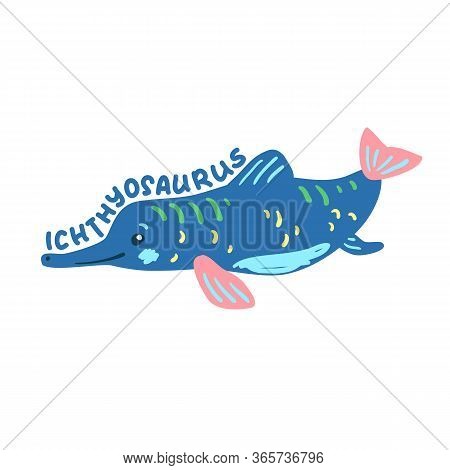 Cartoon Dinosaur Ichthyosaurus. Cute Dino Character Isolated. Playful Dinosaur Vector Illustration O
