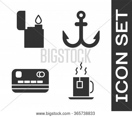 Set Cup Of Tea With Tea Bag, Lighter, Credit Card And Anchor Icon