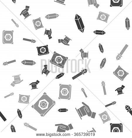 Set Magic Stone, Magician Hat In Hand, Magic Staff And Ancient Magic Book On Seamless Pattern