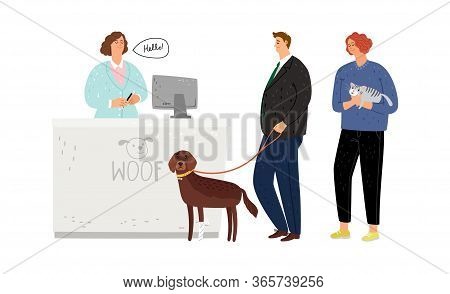 Veterinary Hospital. Queue Pet Owners With Dogs And Cats. Animals Medicine Vector Illustration
