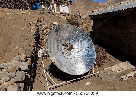 Solar Parabolic Heater For Cooking In The Mountain Villages Of Nepal. Himalayas.