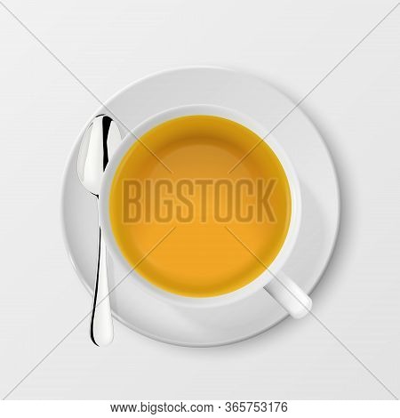 Vector 3d Realistic White Porclean, Ceramic Tea Cup, Mug With Green Tea And Silver Tea Spoon Closeup