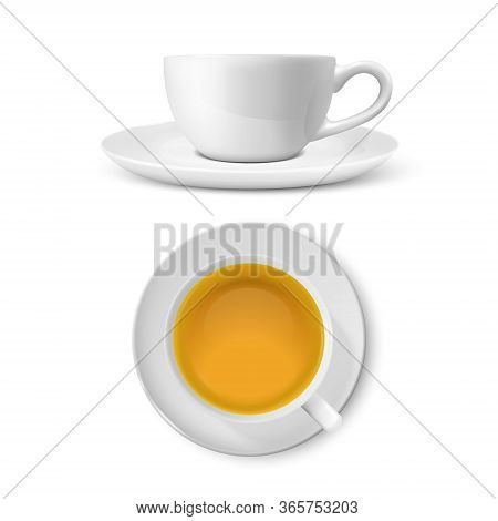 Vector 3d Realistic White Porclean, Ceramic Tea Cup, Mug Set With Green Tea Closeup Isolated On Tran