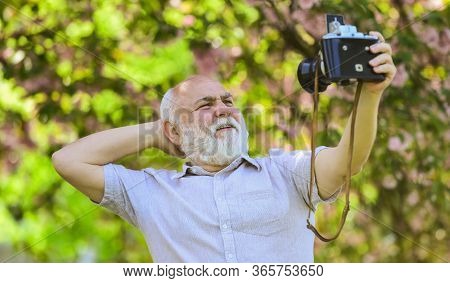 Self Portrait. Memories In Snap. Retro Equipment For Taking Photo. Sharing His Knowledge Making Good