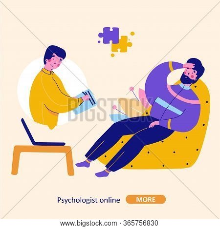 Modern Psychotherapy Online, Vector Flat Cartoon Illustration.