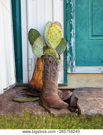 Oil Painting Edit On Old Cowboy Boots With Cactus Growing Out Of Them