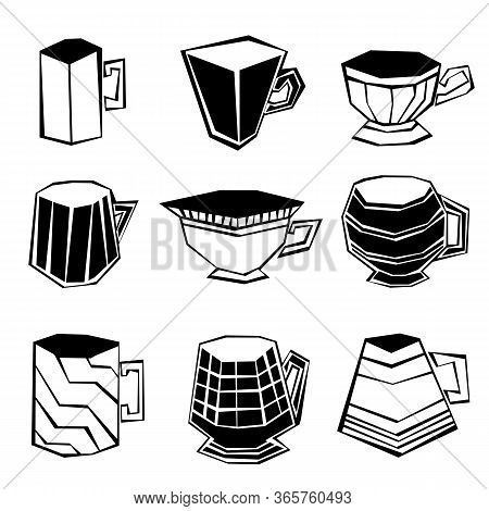 Set Of Cups In Black And White. Hand Draw Vector