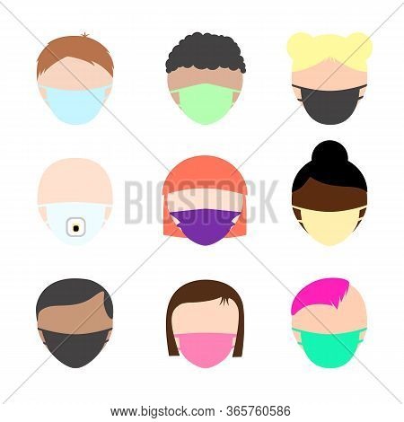 Portraits Of People Of Different Nationalities And Appearance In Protective Masks. Minimalism Flat V