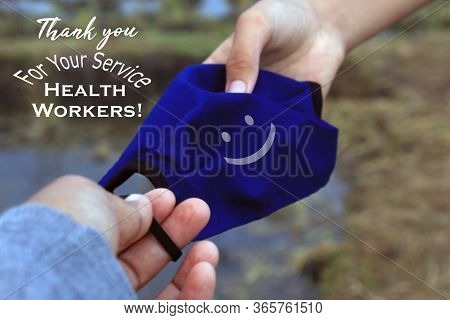 Thank You Card Greeting With Text Message For Heath Workers For Their Service. With Happy Smile Sign