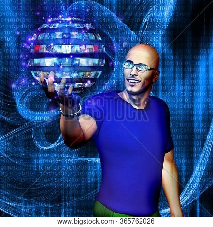 Man looks at many image sphere with binary code. 3D rendering