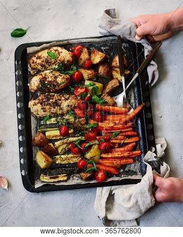 Sheet Pan Chicken And Veggies..style Rustic.selective Focus