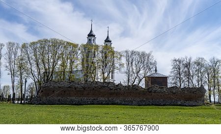 Ludza Medieval Castle Ruins On A Hill Between Big Ludza Lake And Small Ludza Lake And The Roman Cath