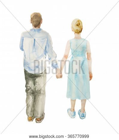 Watercolor Illustration Of Standing Couple In Blue Clothes Holding Hands, Back View. Original Relati