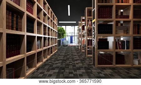 Modern Library Design With Wooden Bookcases With Carpet 3d Rendering