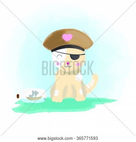Cute Pirate Cat With The Boat Design Illustration