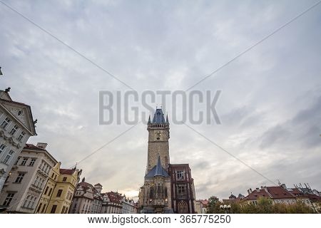 Panorama Of Old Town Square (staromestske Namesti) With A Focus On The Clock Tower Of Old Town Hall,