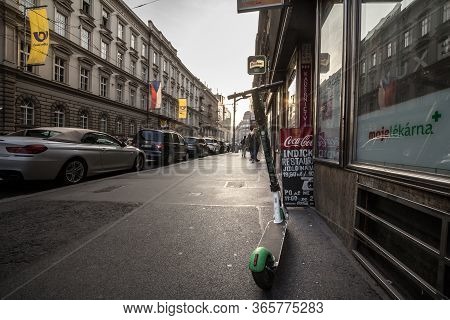 Prague, Czechia - October 31, 2019: Lime Logo On One Of Their Electric Scooters Parked In The Center