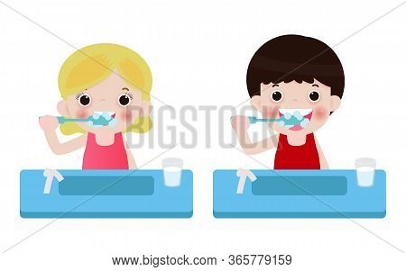 Little Boy And Girl Brushing Teeth, Happy Kids Holding Toothbrush  Brushing Their Teeth. Vector Illu