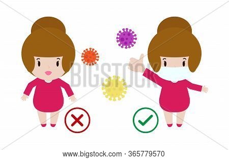 Coronavirus 2019-ncov Or Covid-19 Disease Prevention Concept, Girl With Wearing Face Mask And Withou