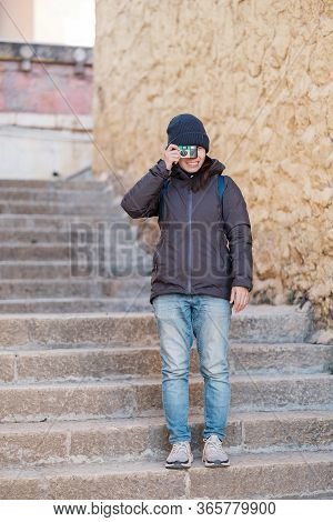Hipster Woman Traveler With Sweater And Backpack Traveling In Songzanlin Temple, Happy Film Photogra