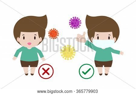 Coronavirus 2019-ncov Or Covid-19 Disease Prevention Concept, Boy With Wearing Face Mask And Without