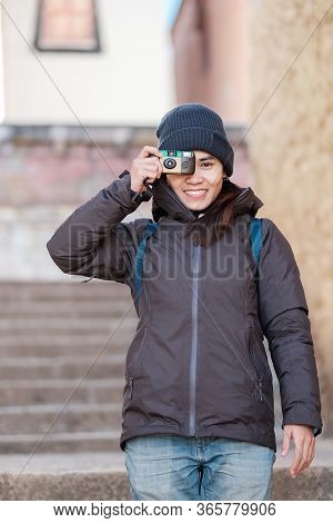 Hipster Woman Traveler With Sweater And Backpack Traveling In Songzanlin Temple, Happy Film Photogra