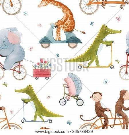 Beautiful Vector Seamless Pattern For Children With Watercolor Hand Drawn Cute Animals On Transport.