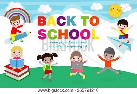Back To School Vector Banner Design With Happy Kids, Poster Background Cover Book, Web, Flyer, Banne
